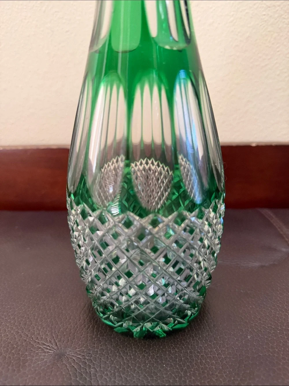 Vintage Bohemian Emerald Green Cut-to-Clear Crystal Decanter